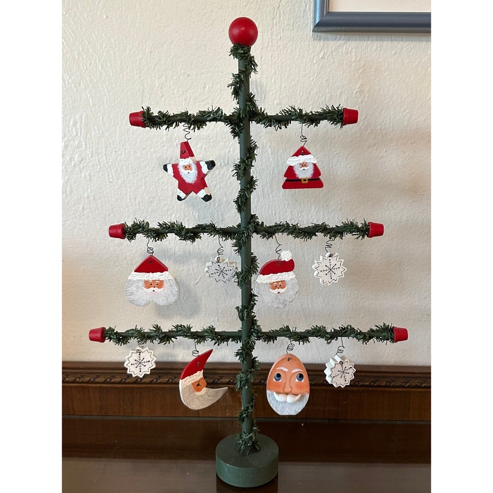 Vintage Wooden Christmas Feather Tree Tabletop Display with Santa Ornaments 17''